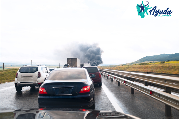 Automóviles detenidos en una autopista mientras una columna de humo negro se eleva en el horizonte, representando la interrupción causada por el incendio forestal Route Fire en la I-5 en California. La imagen destaca los peligros para los bomberos y la comunidad, apoyados por Ayuda California.